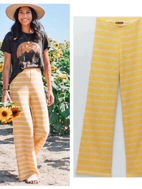 Zara Yellow & White Striped Wide-Leg Knit Pants